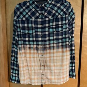 JACHS Girlfriend Blue and Orange Plaid Long Sleeve Shirt